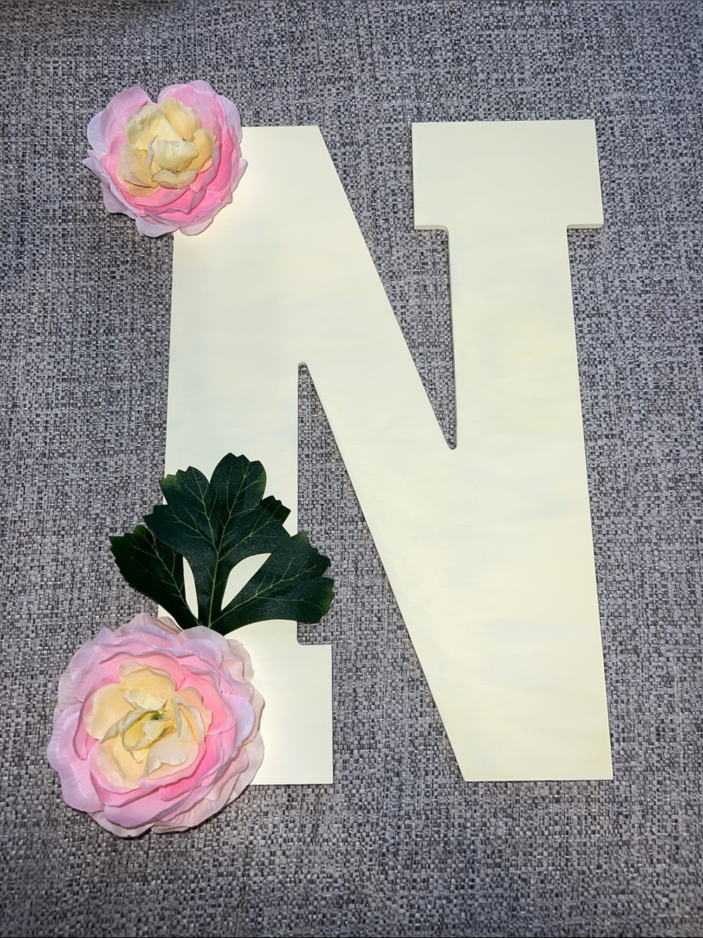 Handmade/Handpainted Decorative Wooden Letter N with Pink Floral Accents